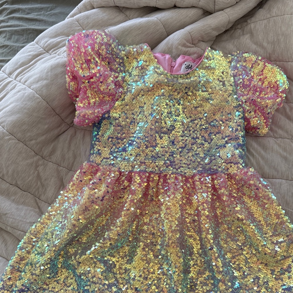 Lola + The Boys Pink and Gold Sequin Puff-Sleeve Dress